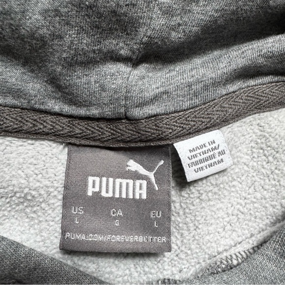 Puma Pullover Hoodie Men's Size L Gray Fleece Logo Sweatshirt Kangaroo Pockets - Picture 4 of 10